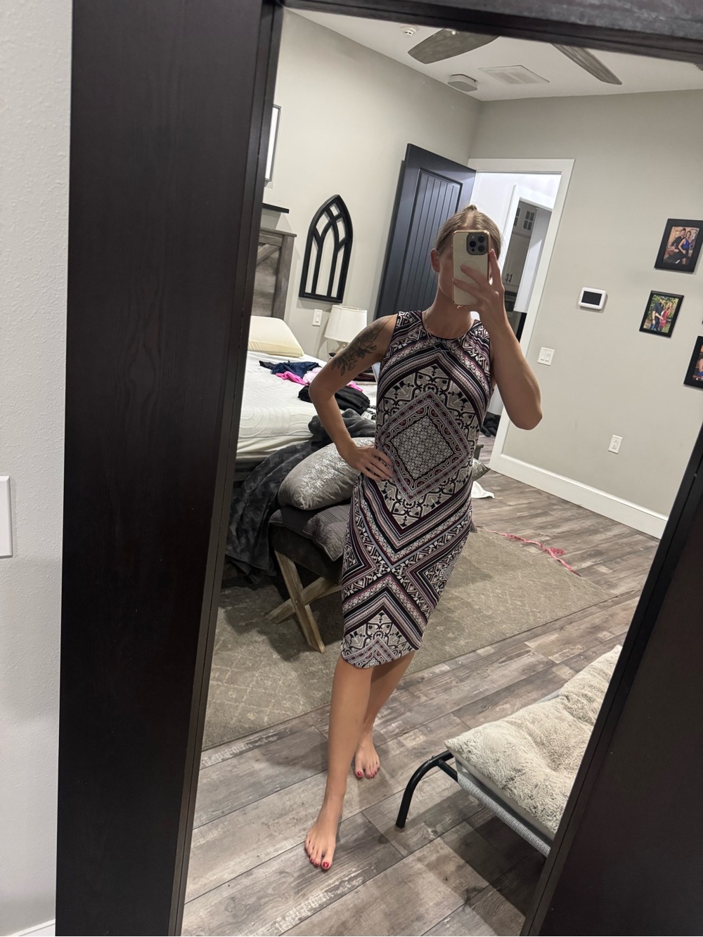 White House Black Market Black & Pink Geometric Midi Sheath Dress